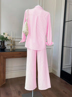 Women's New Striped Embroidered Loose Shirt And Pants Set shein