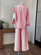 Women's New Striped Embroidered Loose Shirt And Pants Set shein