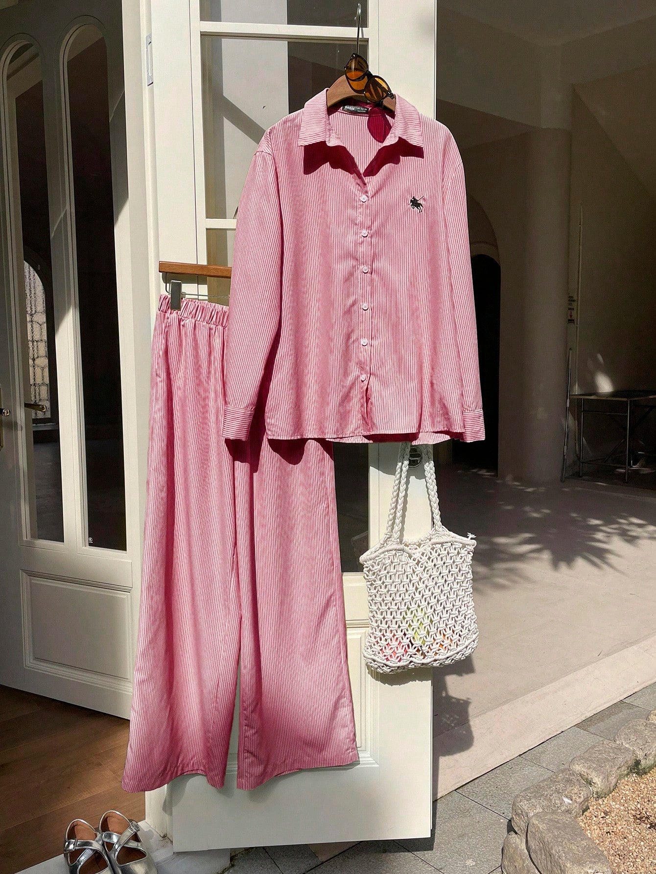 Women's New Striped Embroidered Loose Shirt And Pants Set shein