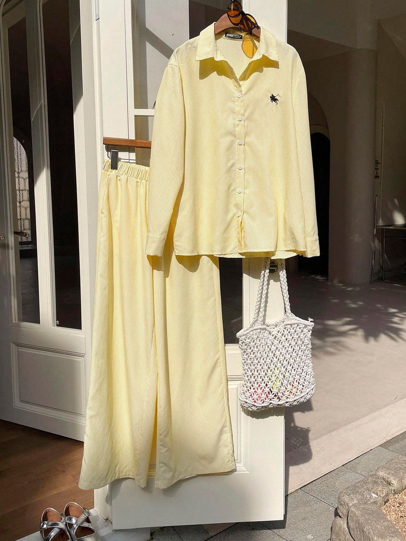Women's New Striped Embroidered Loose Shirt And Pants Set shein
