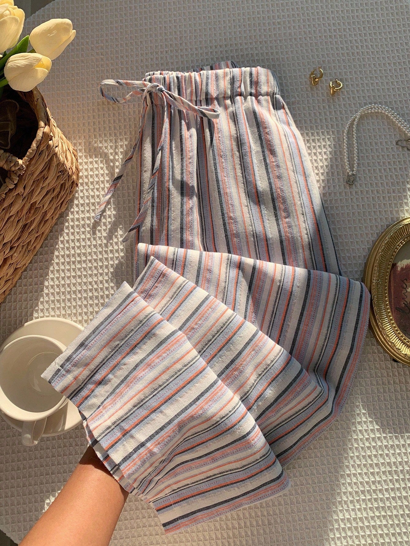 Casual Striped Wide Leg Pants Pink Striped Pants