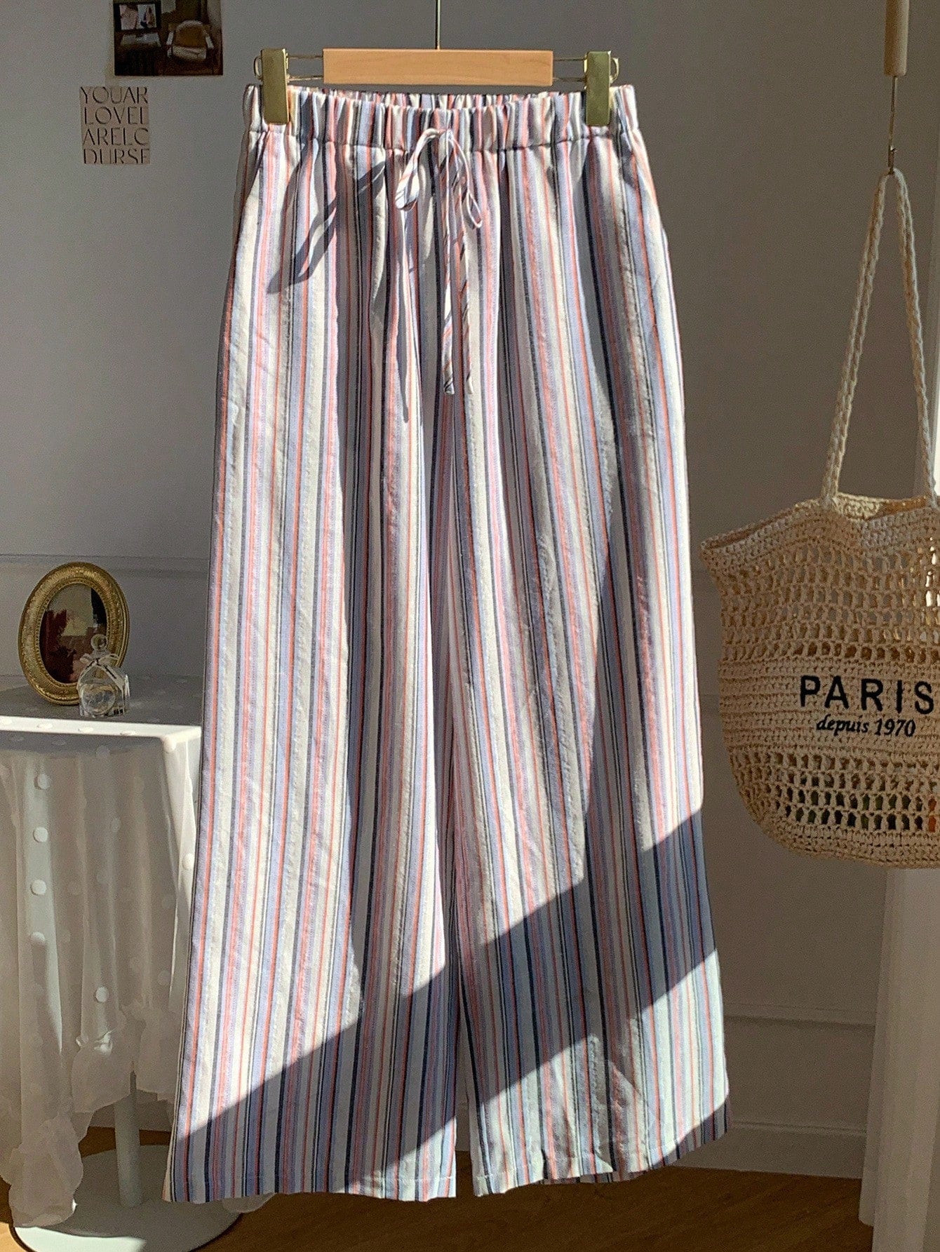 Casual Striped Wide Leg Pants Pink Striped Pants