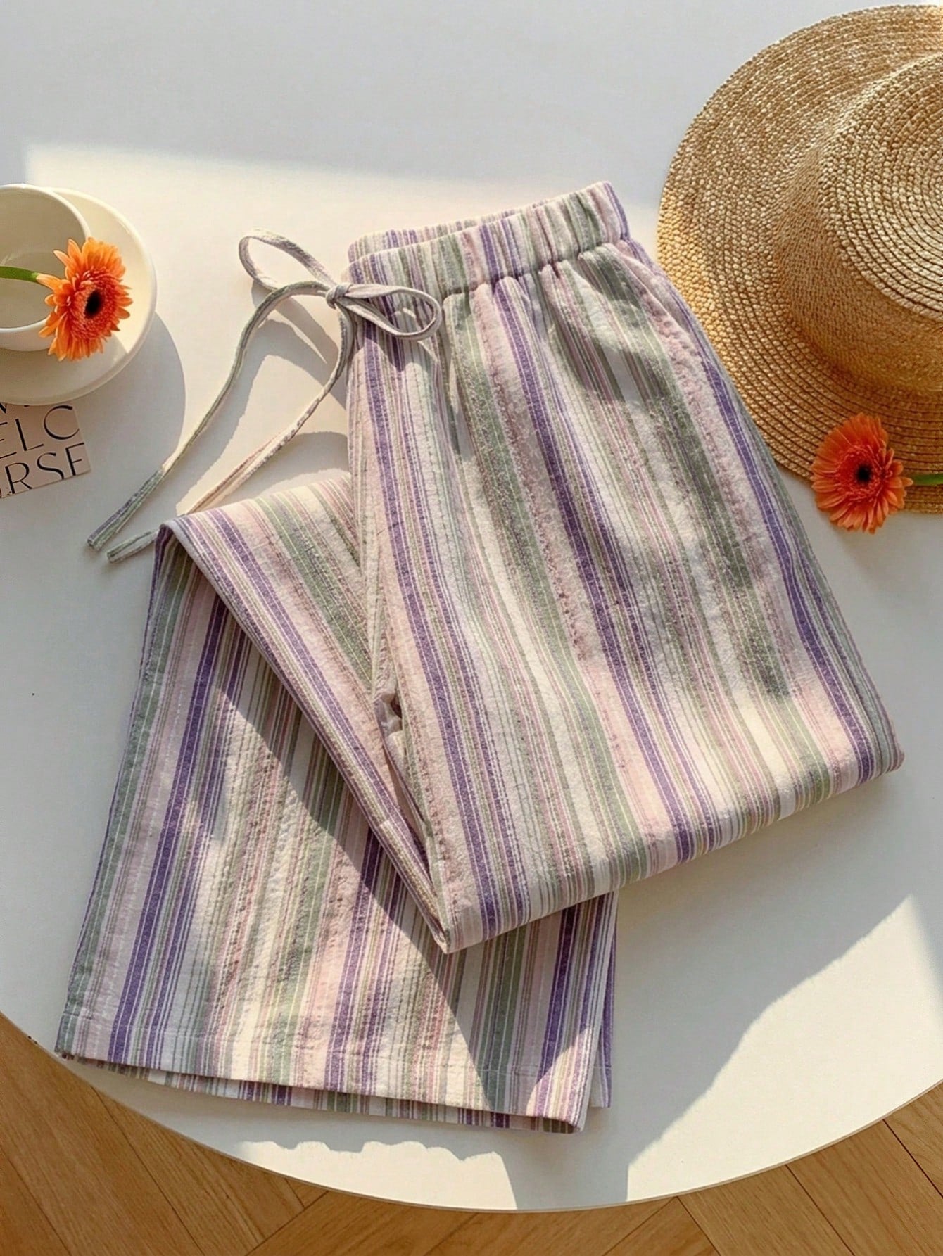 Casual Striped Wide Leg Pants Pink Striped Pants
