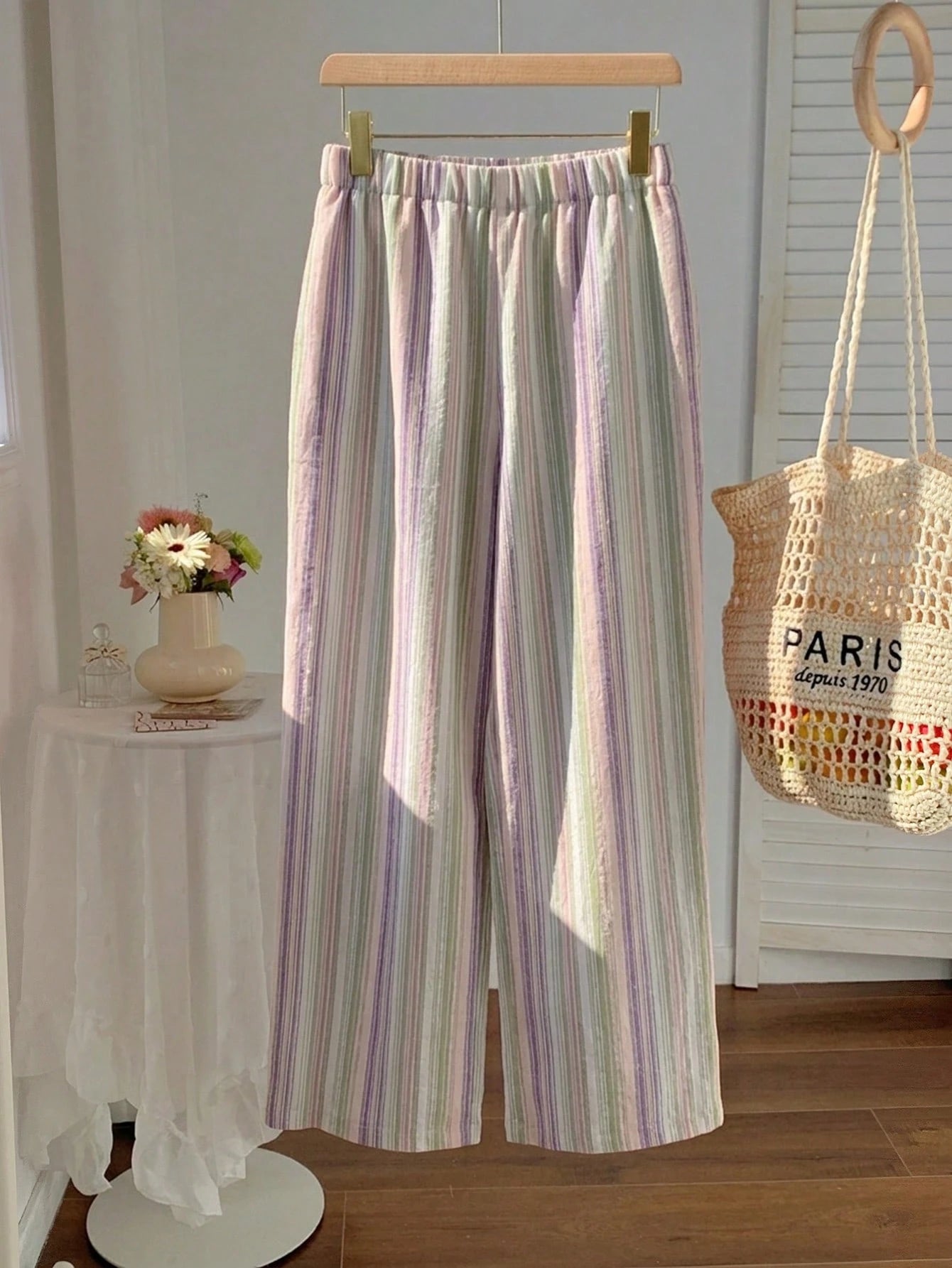 Casual Striped Wide Leg Pants Pink Striped Pants