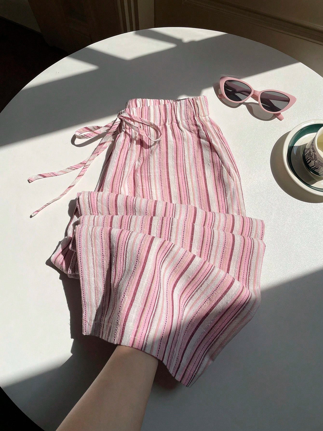 Casual Striped Wide Leg Pants Pink Striped Pants