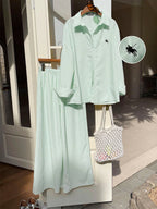 Women's New Striped Embroidered Loose Shirt And Pants Set shein