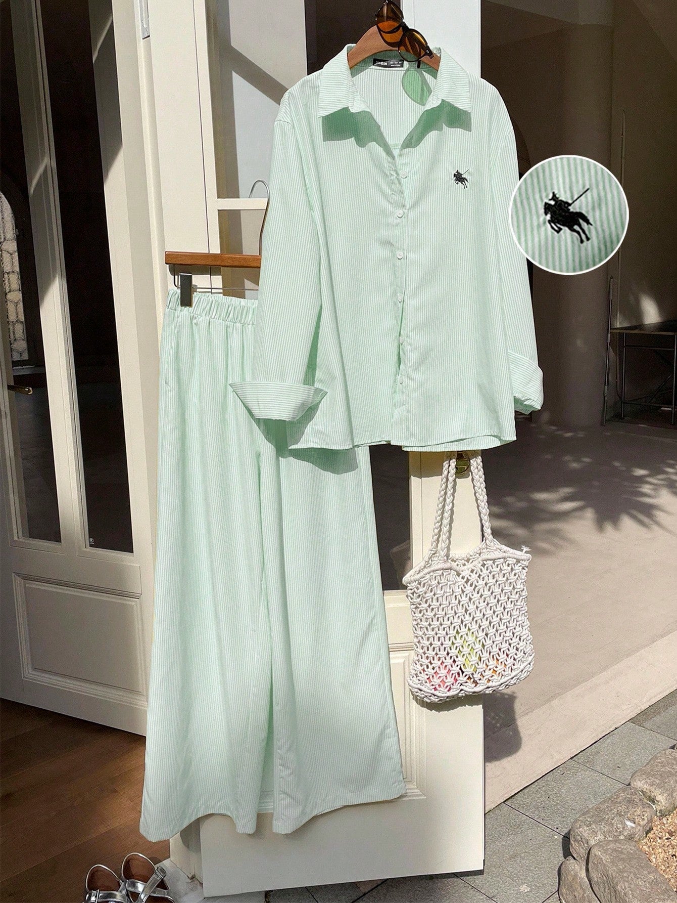 Women's New Striped Embroidered Loose Shirt And Pants Set shein
