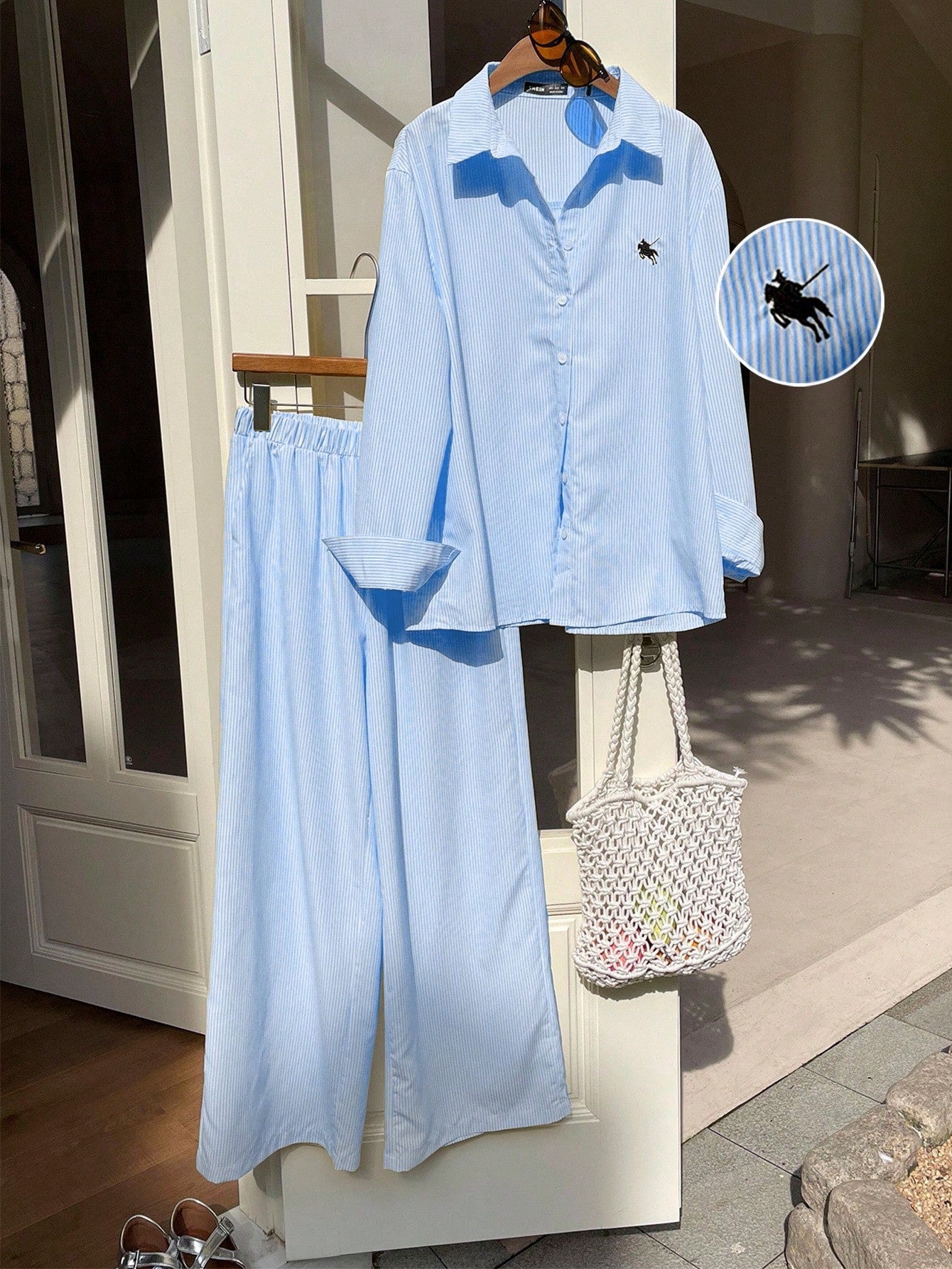 Women's New Striped Embroidered Loose Shirt And Pants Set shein