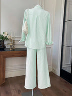 Women's New Striped Embroidered Loose Shirt And Pants Set shein