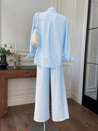 Women's New Striped Embroidered Loose Shirt And Pants Set shein