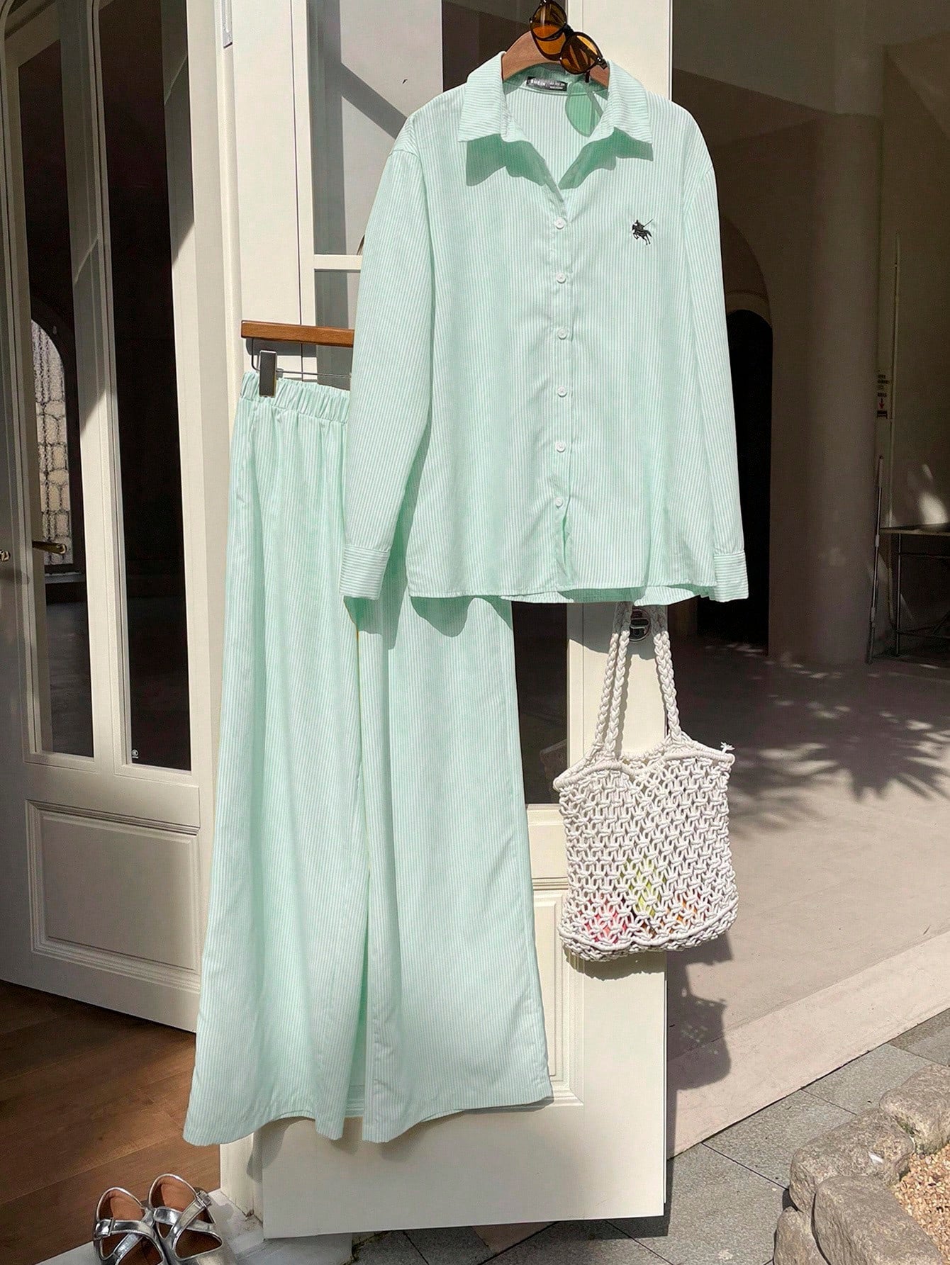 Women's New Striped Embroidered Loose Shirt And Pants Set shein