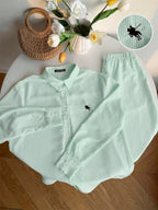 Women's New Striped Embroidered Loose Shirt And Pants Set shein