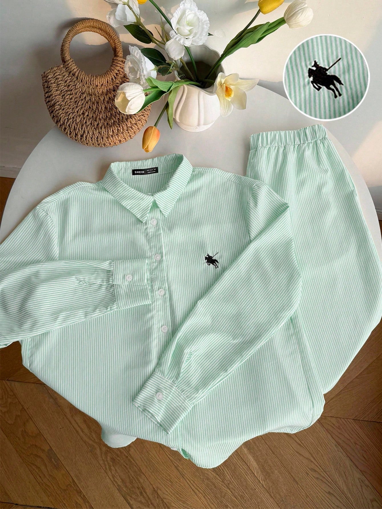 Women's New Striped Embroidered Loose Shirt And Pants Set shein
