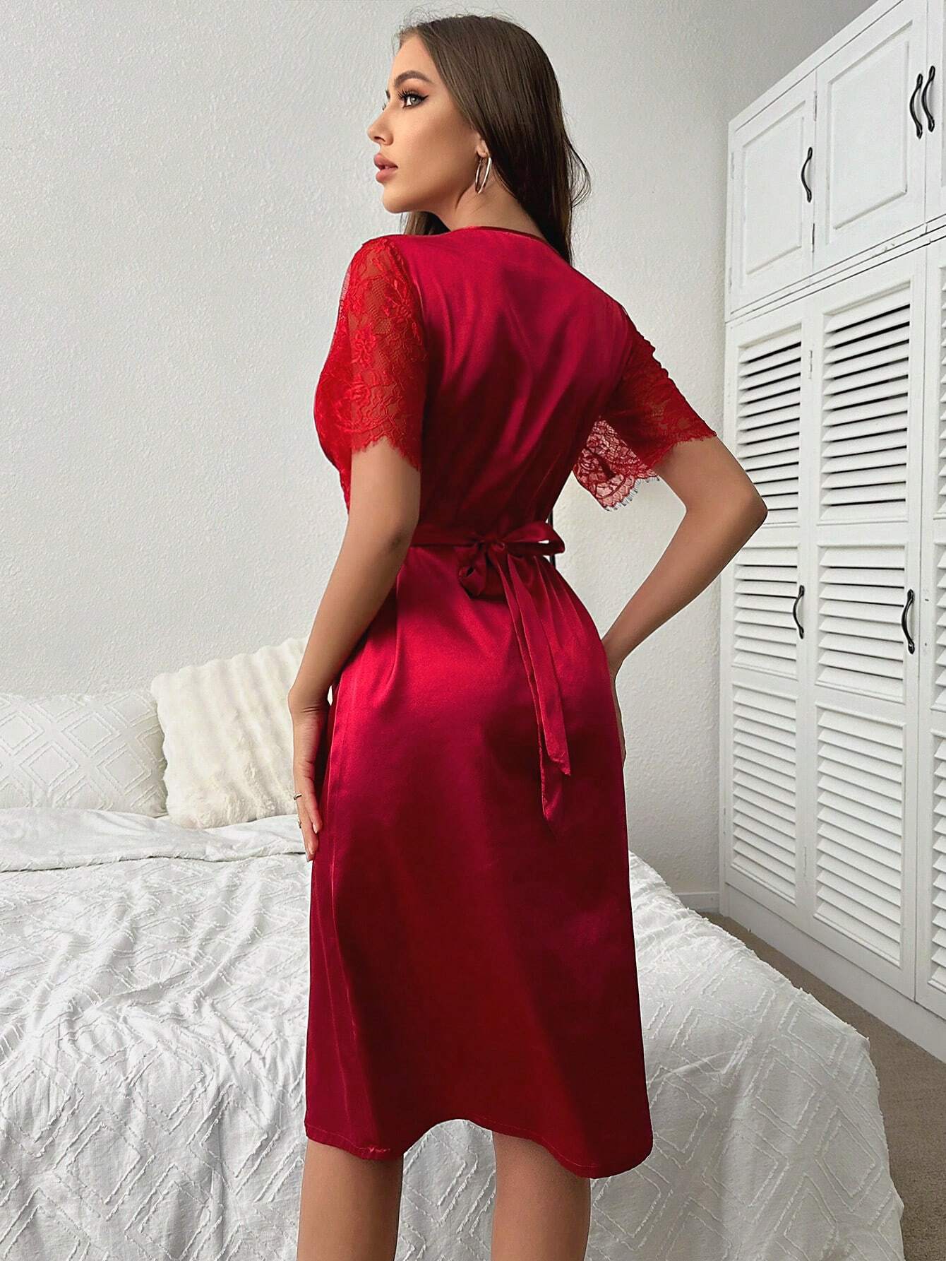 Contrast Lace Satin Nightdress shein