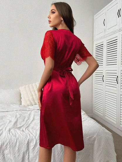 Contrast Lace Satin Nightdress shein