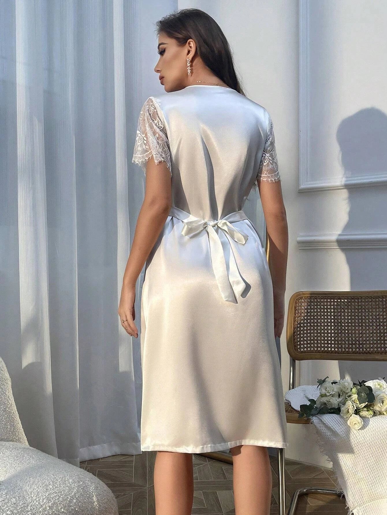 Contrast Lace Satin Nightdress shein