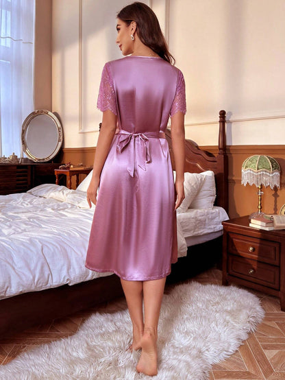 Contrast Lace Satin Nightdress shein