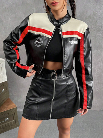 Coolane Colorblock Zip Up PU Leather Jacket shein