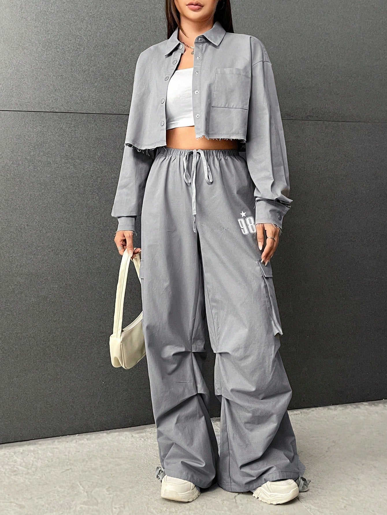 Coolane Drop Shoulder Crop Shirt & Drawstring Waist Cargo Pants shein