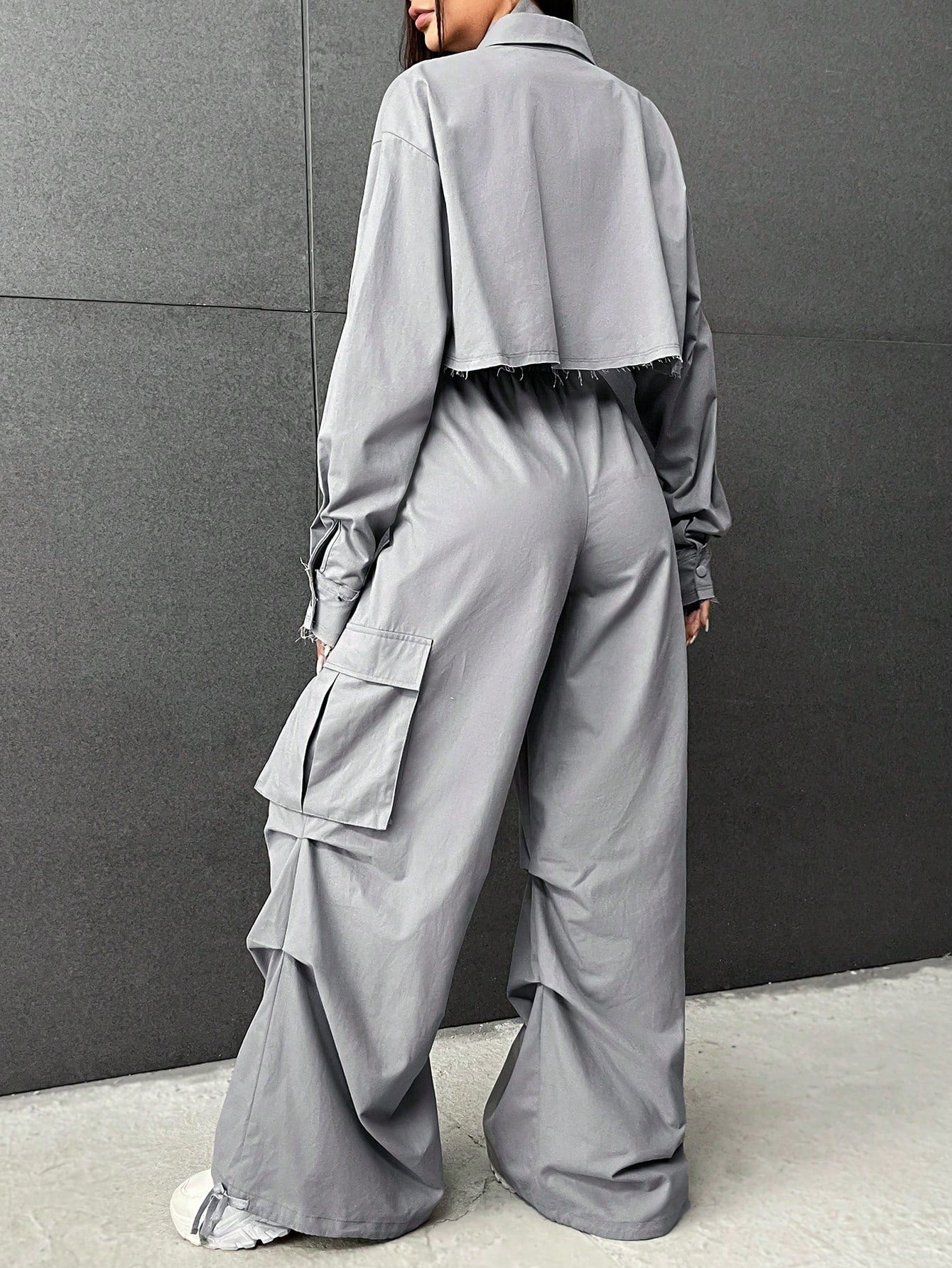 Coolane Drop Shoulder Crop Shirt & Drawstring Waist Cargo Pants shein