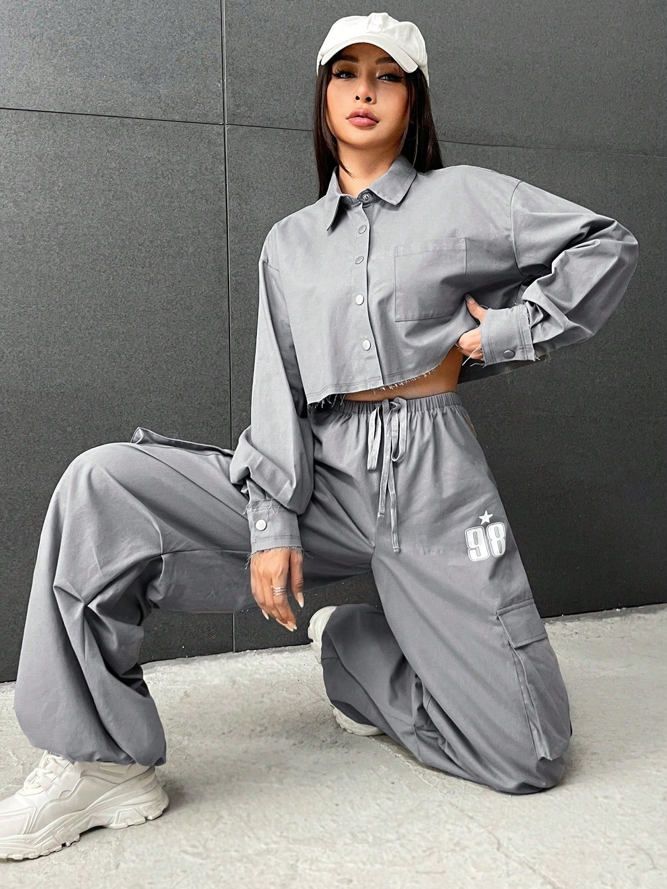 Coolane Drop Shoulder Crop Shirt & Drawstring Waist Cargo Pants shein
