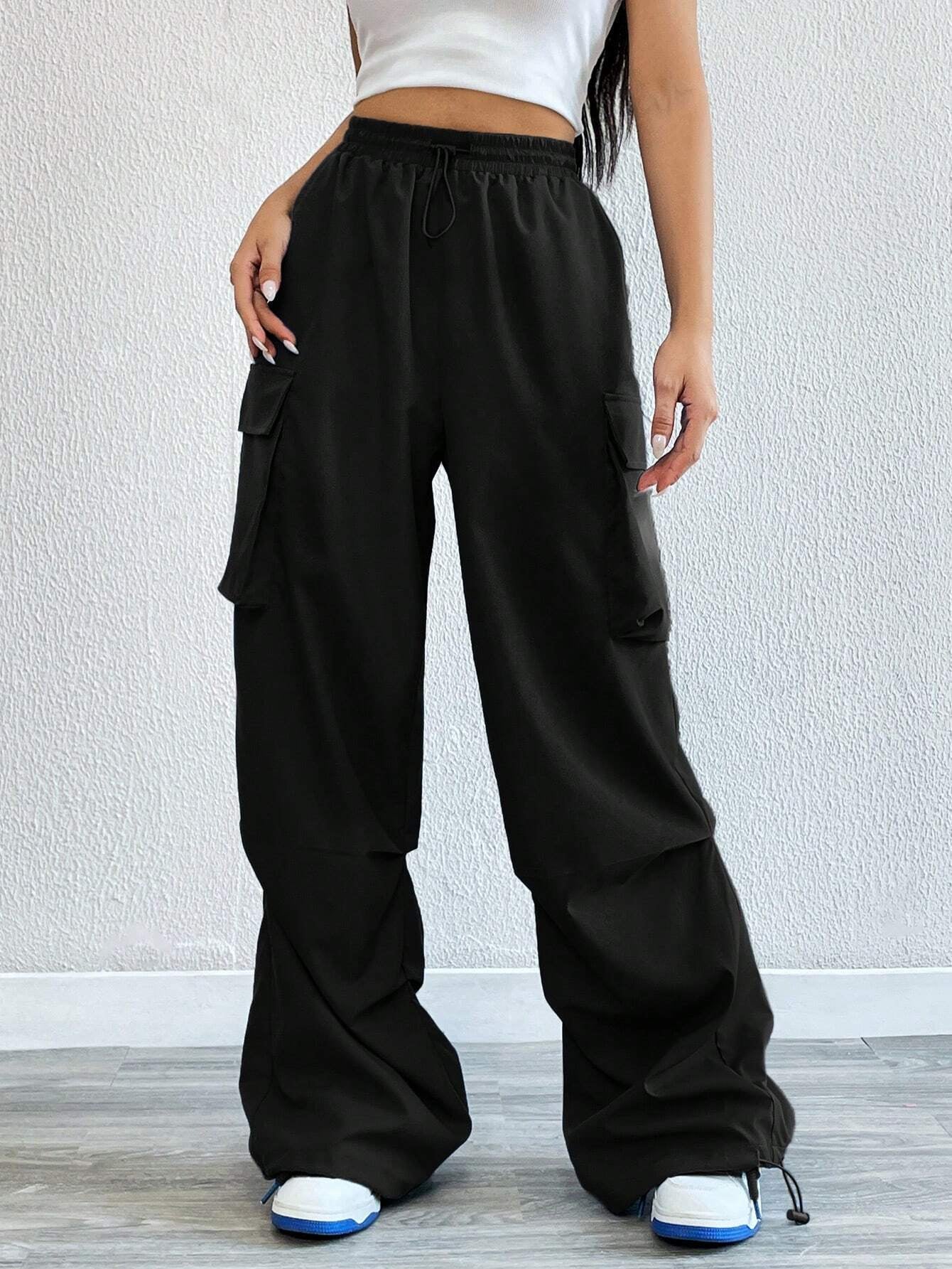 Coolane Flap Pocket Side Drawstring Waist Cargo Pants shein