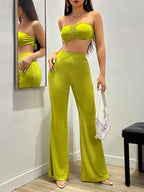 Coolane Ladies' High Elasticity Knitted Strapless Top & Flared Pants Set With Waist Cinching shein