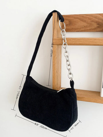 Corduroy Shoulder Chain Baguette Bag shein