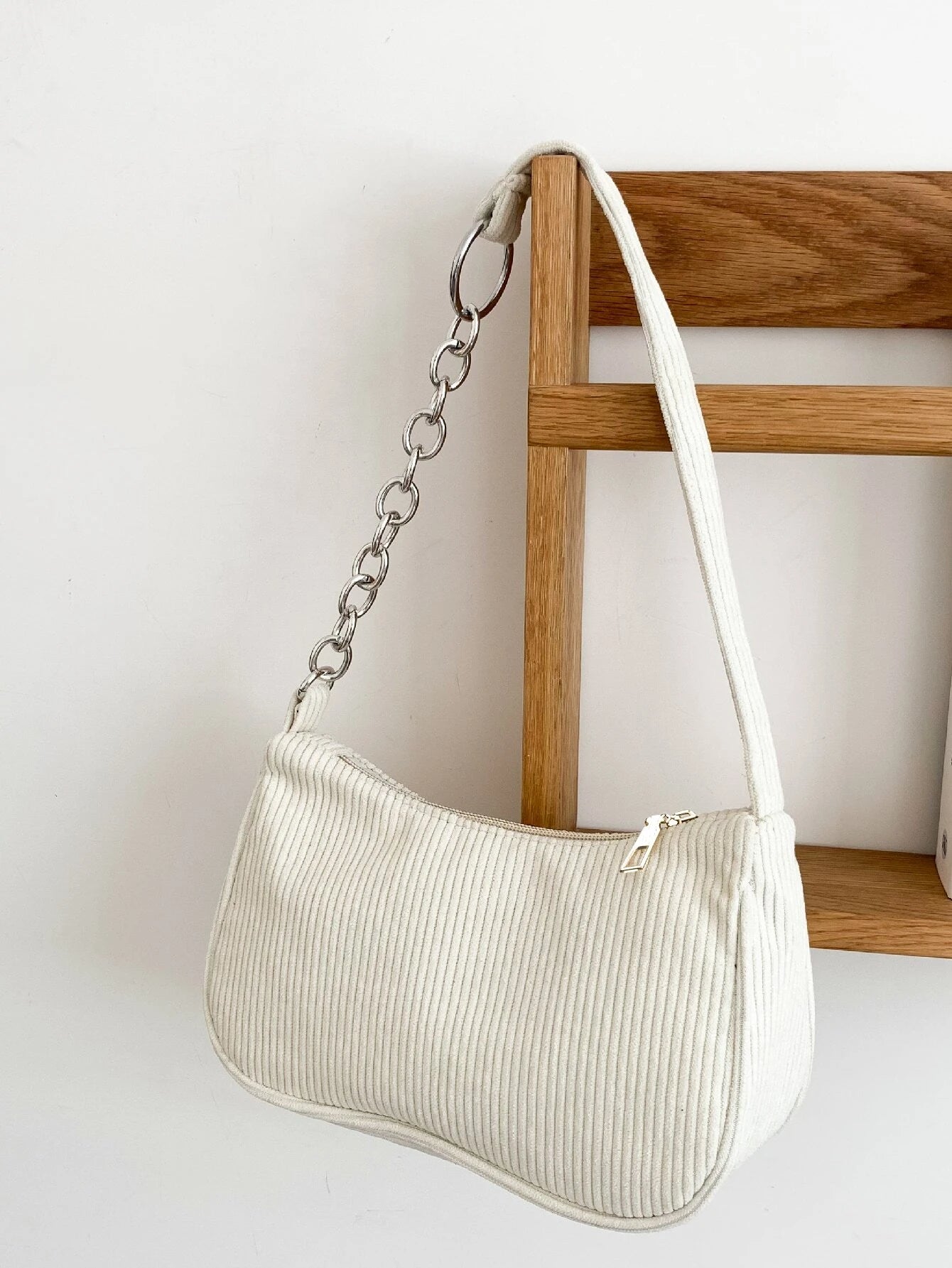 Corduroy Shoulder Chain Baguette Bag shein