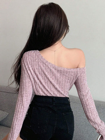 DAZY Asymmetrical Neck Split Sleeve Ribbed Knit Tee shein