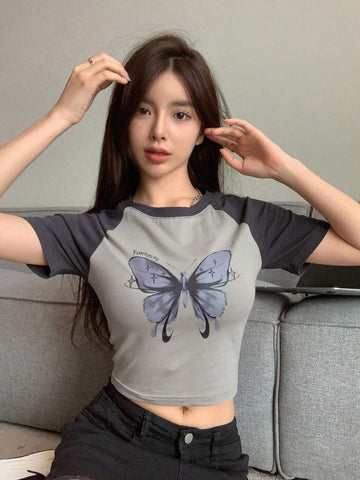 DAZY Butterfly Print Raglan Sleeve Crop Tee shein