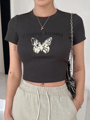 DAZY Butterfly & Letter Graphic Crop Tee shein