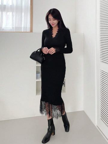 DAZY Contrast Lace Trim Sweater Dress shein