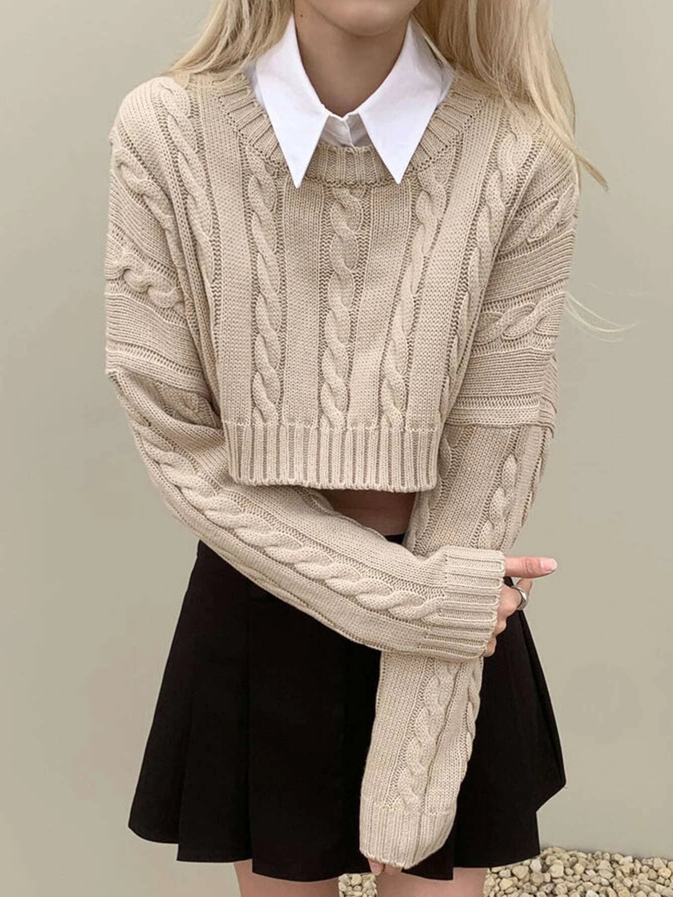 DAZY Drop Shoulder Cable Knit Sweater Without Blouse shein