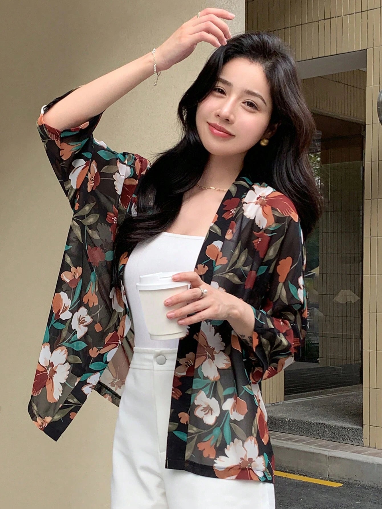 DAZY Floral Print Open Front Blouse shein