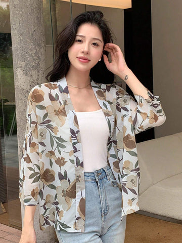 DAZY Floral Print Open Front Blouse shein