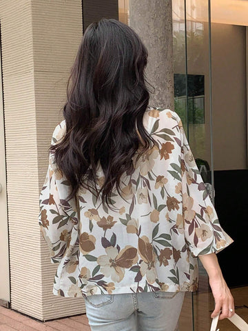 DAZY Floral Print Open Front Blouse shein