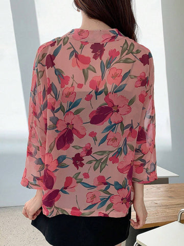 DAZY Floral Print Open Front Blouse shein