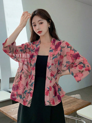 DAZY Floral Print Open Front Blouse shein