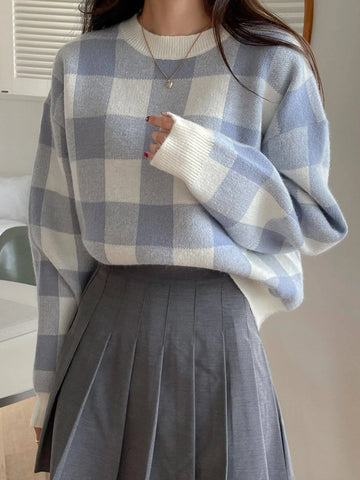 DAZY Gingham Pattern Drop Shoulder Oversized Sweater shein