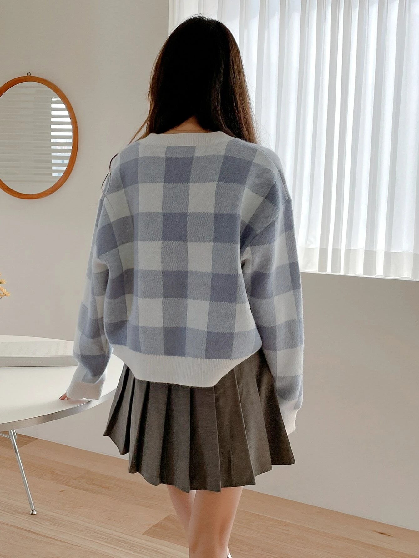 DAZY Gingham Pattern Drop Shoulder Oversized Sweater shein