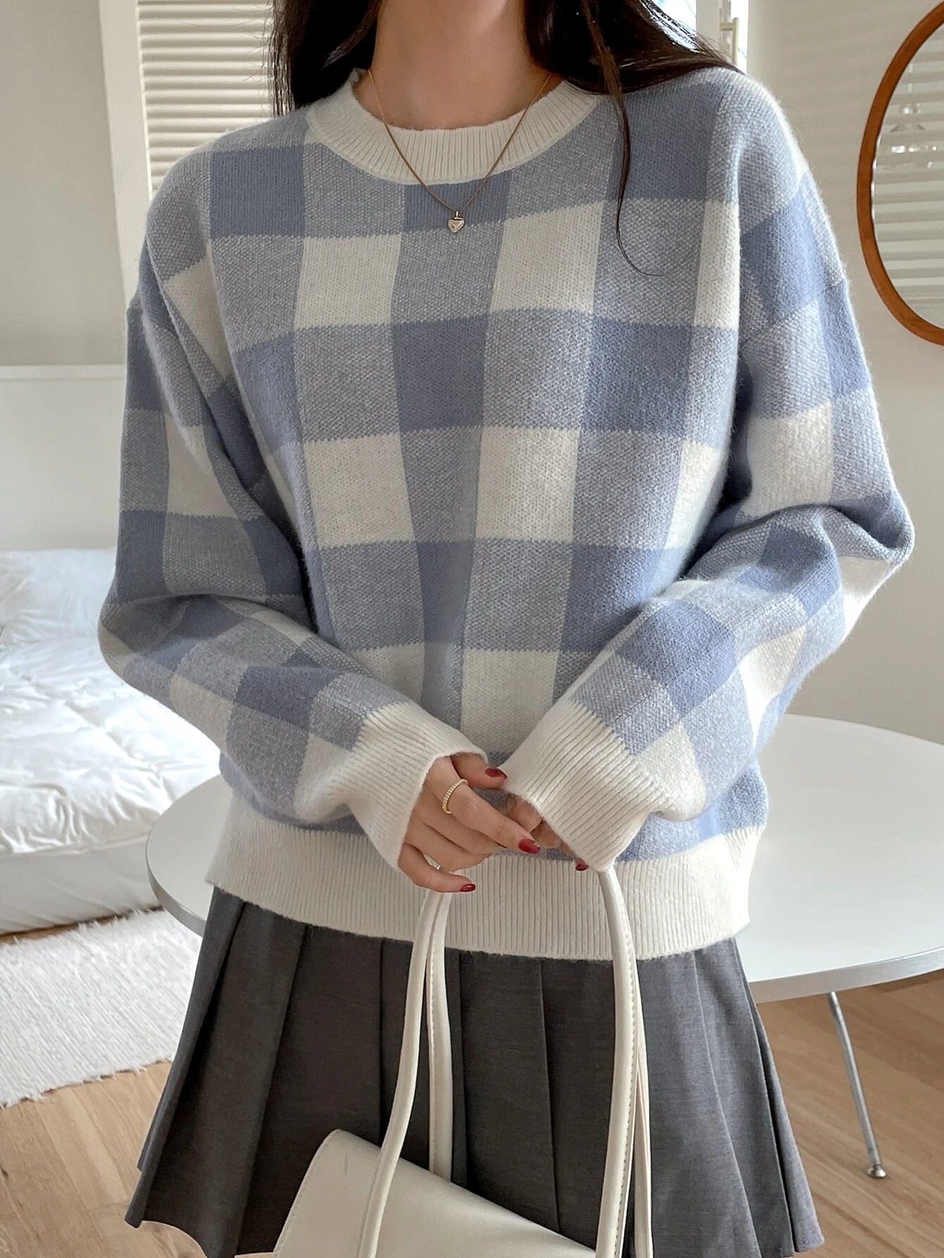 DAZY Gingham Pattern Drop Shoulder Oversized Sweater shein