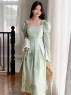 DAZY Ink-Washed A-Line Dress With Cinched Waist And Flared Sleeves shein
