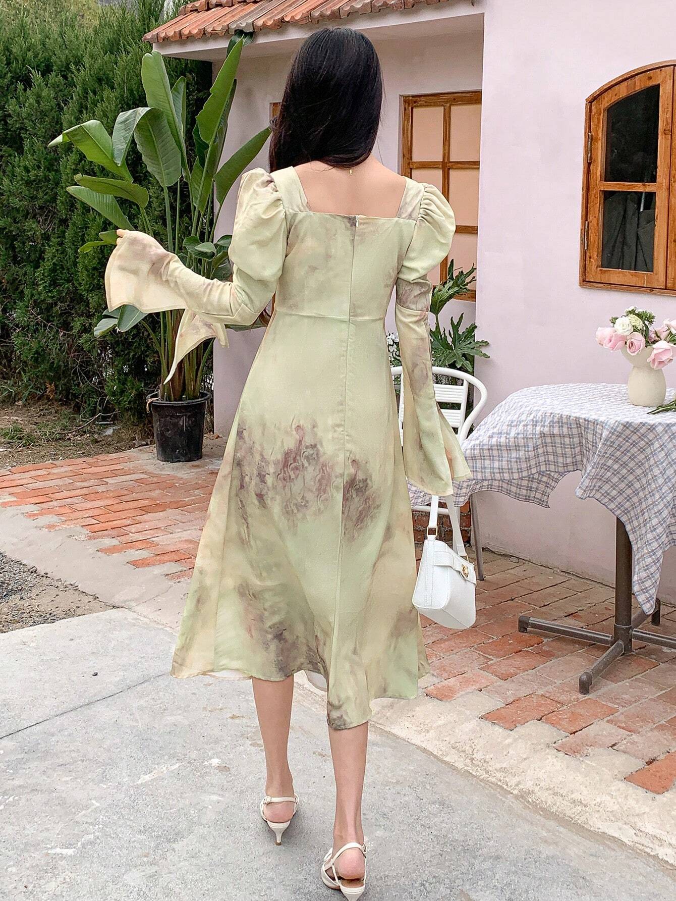 DAZY Ink-Washed A-Line Dress With Cinched Waist And Flared Sleeves shein