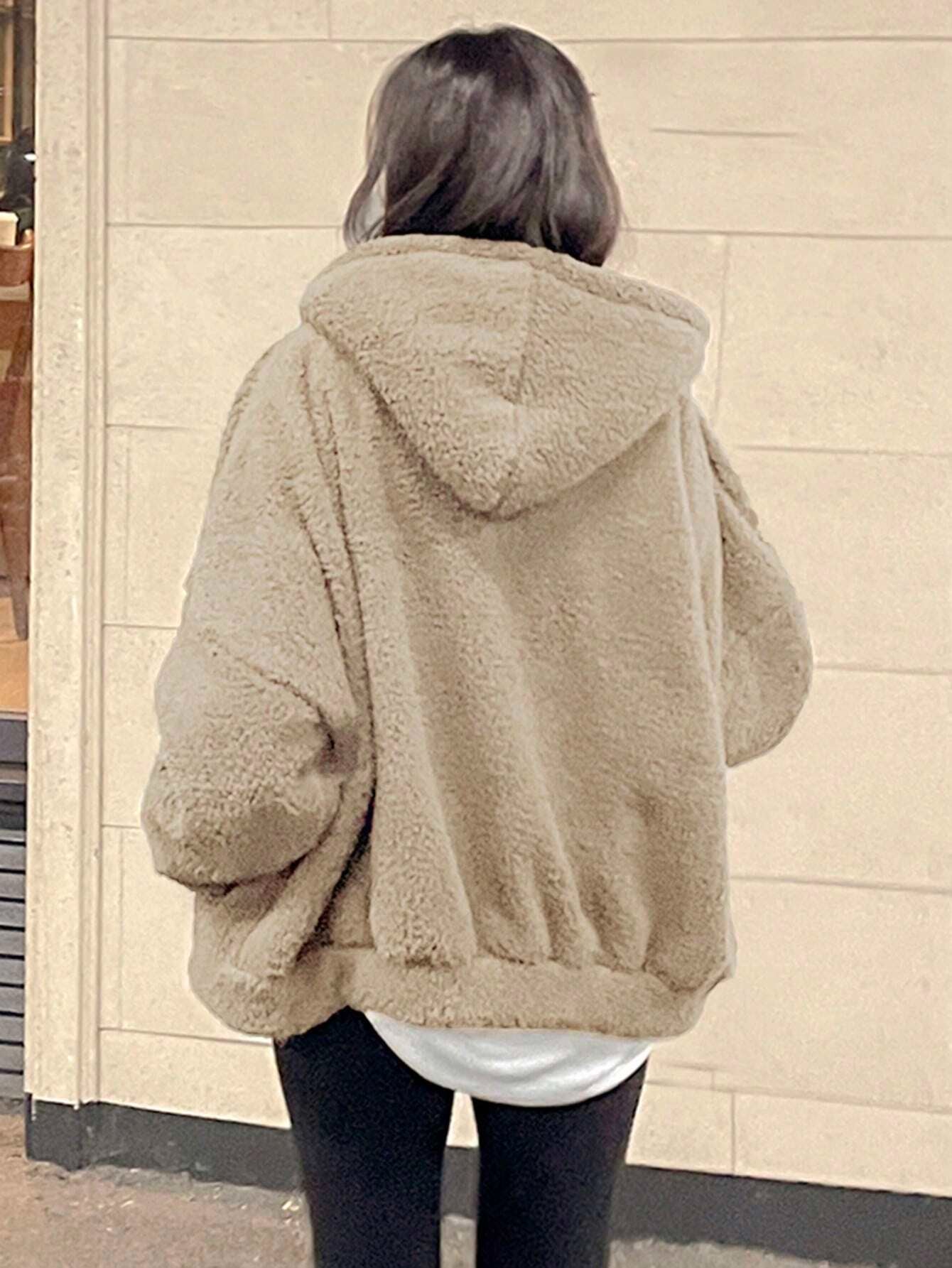 DAZY Kpop Solid Drop Shoulder Teddy Hoodie shein