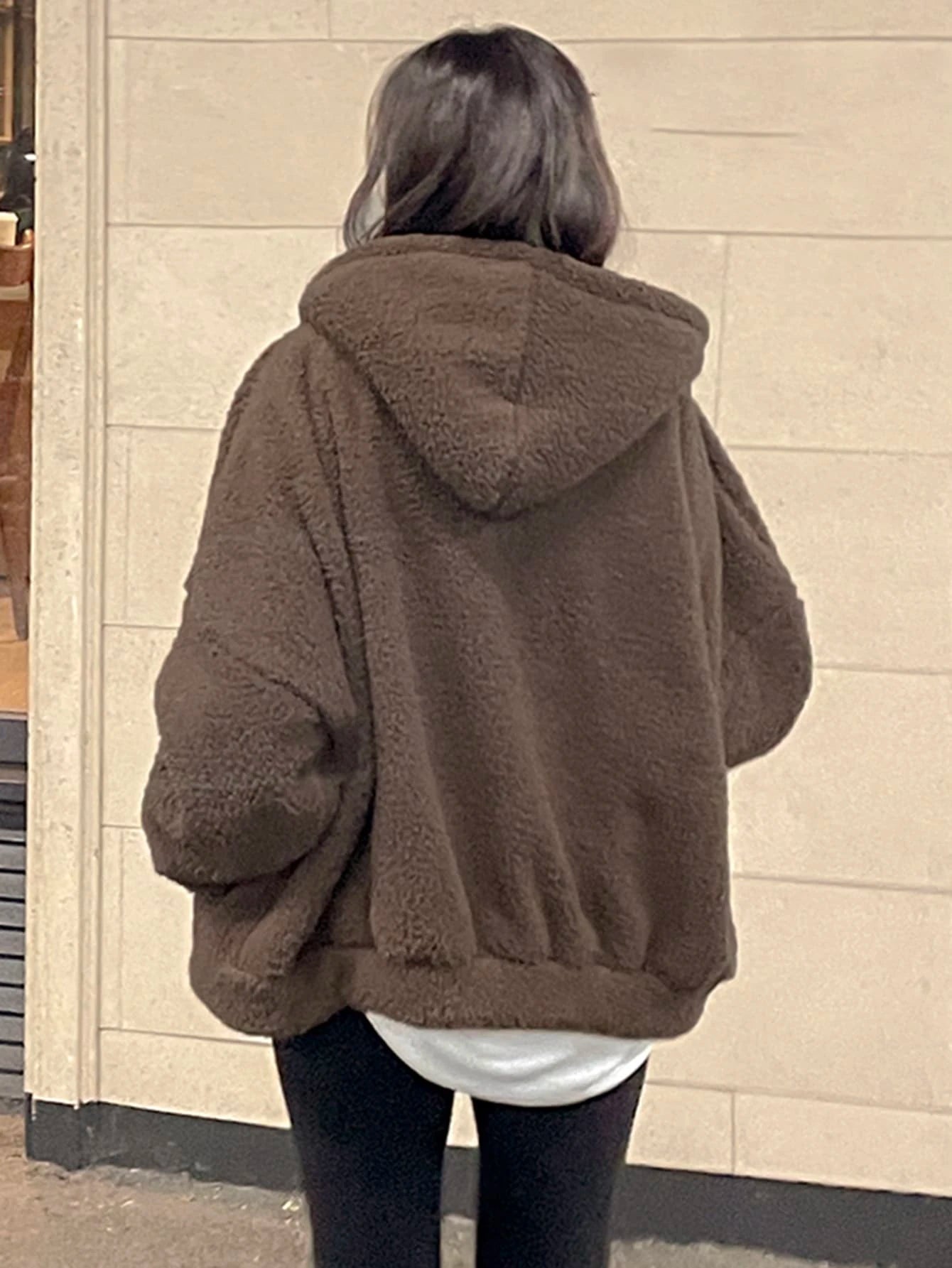 DAZY Kpop Solid Drop Shoulder Teddy Hoodie shein