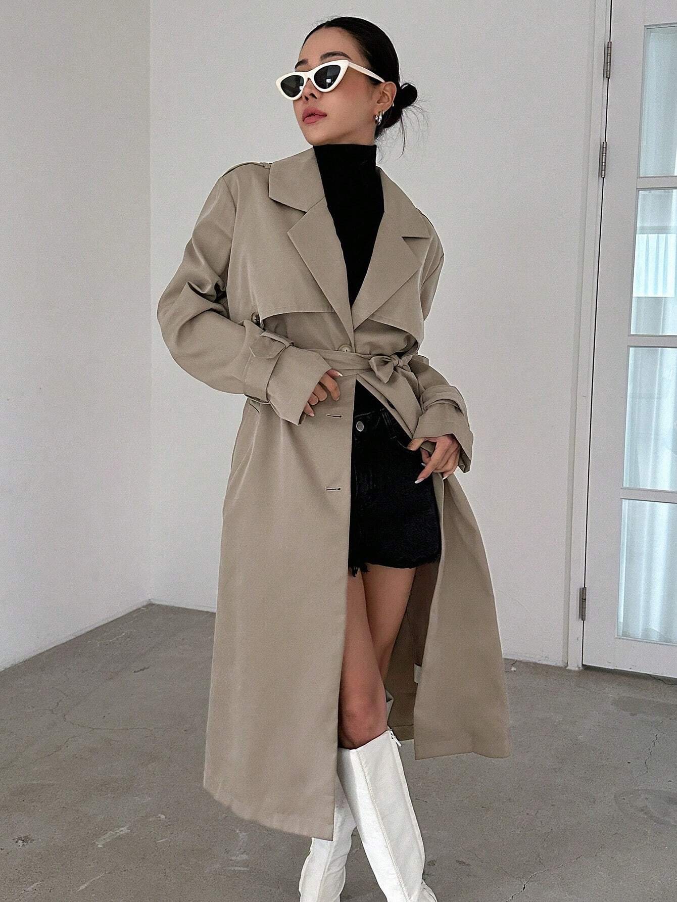 DAZY Lapel Neck Double Breasted Belted Trench Coat shein