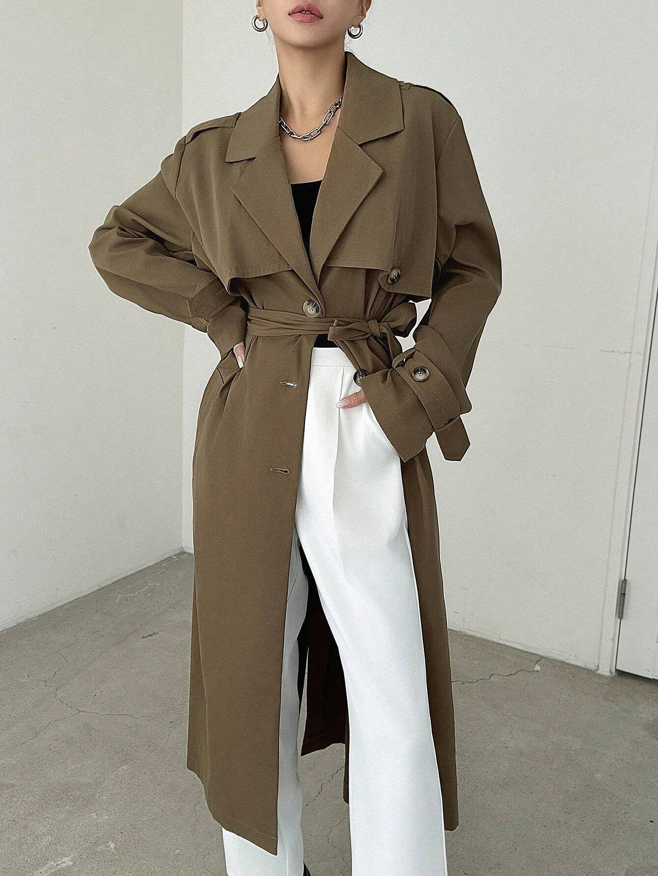 DAZY Lapel Neck Double Breasted Belted Trench Coat shein