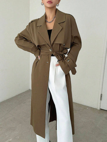 DAZY Lapel Neck Double Breasted Belted Trench Coat shein