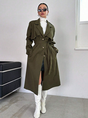 DAZY Lapel Neck Double Breasted Belted Trench Coat shein